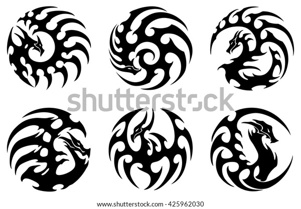 丸い部族のドラゴンデザインのベクターイラスト 白黒のグラフィック タトゥー ペンダント 彫刻に適しています のベクター画像素材 ロイヤリティフリー