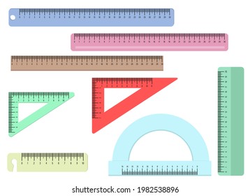 Vector illustration of a set of rulers of different shapes and colors. Isolated on white background.