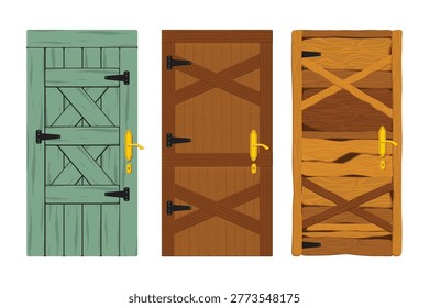 Vector illustration set of rustic wooden doors with vintage design and natural textures. Includes different styles with cross beams and metal hinges, perfect for farmhouse, countryside, and architectural design projects.