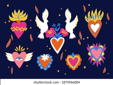 Vector illustration set of sacred hearts. Traditional Mexican hearts.