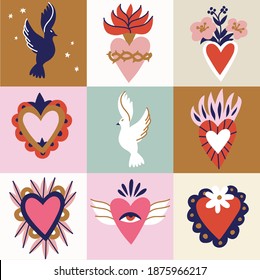 Vector illustration set of sacred hearts. Traditional Mexican hearts. Seamless pattern