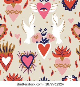 Vector illustration set of sacred hearts. Traditional Mexican hearts. Seamless pattern