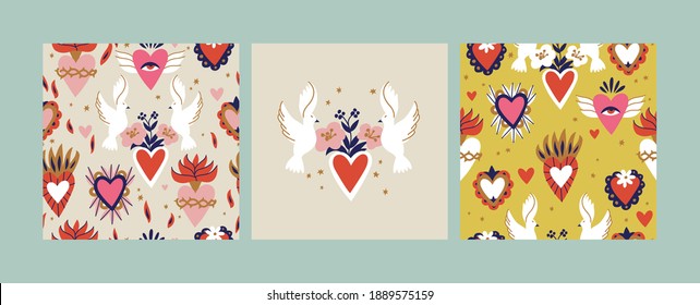 Vector illustration set of sacred hearts. Traditional Mexican hearts. Seamless pattern