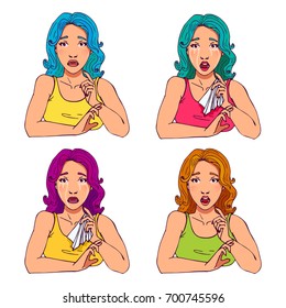 Vector illustration set of sad girl in retro comics style. Scared beautiful young woman, open mouth, raise eyebrows, bright colors. Fear, tears on face look surprised. Shocked, crying, upset, weeping.