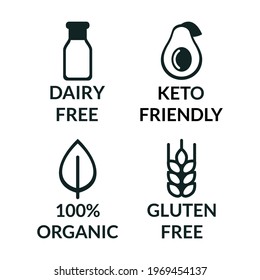 Vector illustration set of safe food without allergens icons. Keto diet icons, lactose and milk free, gluten free, organic products. For labels and packaging