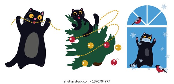 Vector illustration set. Safety of pets on New Year holidays concept. Funny cat drops Christmas tree. Crazy cat eats garland. Kitten in medical mask looking at birds in window.