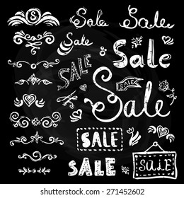 Vector illustration of set of Sale hand drawn lettering word inscriptions, effect of a chalk on blackboard - decorative elements collection
