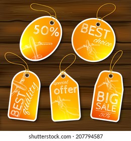 Vector illustration. Set of sale tags with blurry photos and sketch