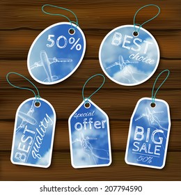 Vector illustration. Set of sale tags with blurry photos and sketch