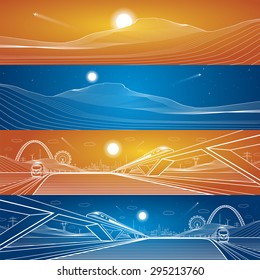 Vector illustration set, sand dunes and transport panorama, two trains traveling on rails, night city