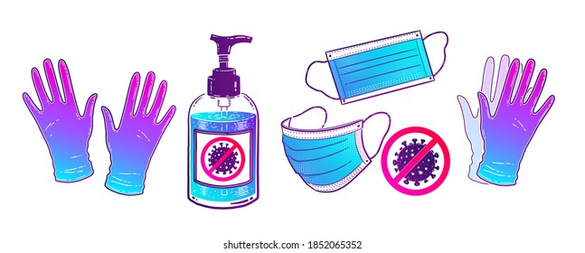 Conjunto de ilustraciones vectoriales de botella de sanitizer, máscara facial y guantes de goma aislados sobre fondo blanco.