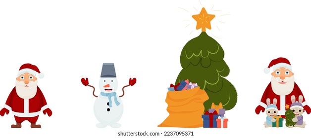 Vector illustration set Santa Claus , a Christmas tree with gifts, a cheerful snowman, cartoon rabbits. Isolated on a white background.