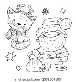 Vector illustration set of Santa Claus and cat for Christmas in doodle hand drawn style.