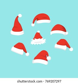 Vector illustration of set of Santa Hats in cartoon design.