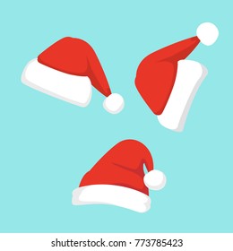 Vector illustration of set of Santa Hats in cartoon design.