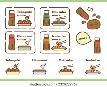 Vector illustration of a set of sauce and food icons in flat style. Vector illustration.