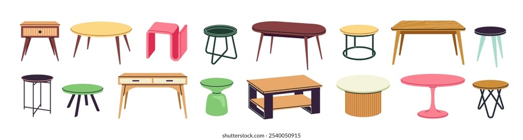 Conjunto de Ilustración vectorial de mesas escandinavas, taburetes, con diseños modernos y minimalistas. Muebles aislados sobre fondo blanco. Diversas Formas, colores, estilos ideales para proyectos de diseño de interiores