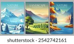 Vector illustration set of scenic landscapes, featuring snowy mountains, lush green fields, and serene autumn lakes. Perfect for nature-themed posters, travel designs, and seasonal decor