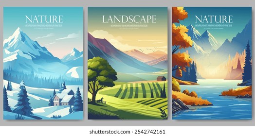 Vector illustration set of scenic landscapes, featuring snowy mountains, lush green fields, and serene autumn lakes. Perfect for nature-themed posters, travel designs, and seasonal decor