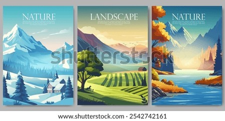 Vector illustration set of scenic landscapes, featuring snowy mountains, lush green fields, and serene autumn lakes. Perfect for nature-themed posters, travel designs, and seasonal decor