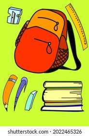 Vector illustration set of school items for the day of knowledge. Schoolchild's things. Backpack, pencil, pen, eraser, sharpener, ruler, books.