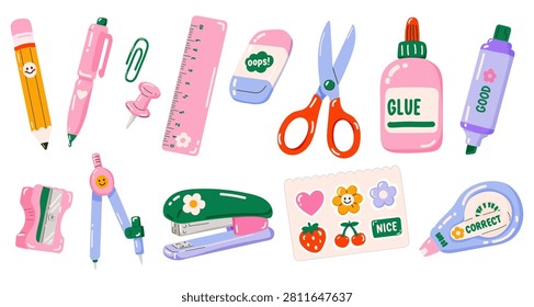 Vector illustration set of school and office tools. Cute cartoon pen, pencil, ruler, sticker pack, scissors, stepler, eraser, clip, glue, marker, sharpener, divider, corrector. 