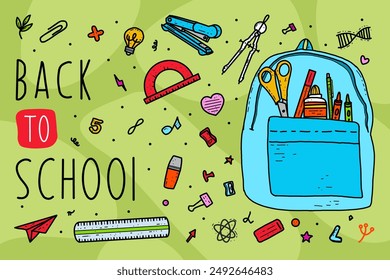 Vector illustration set school supplies to her. Back to school on a green background. Backpack, pencils, stapler, light bulb, airplane, scissors, sharpener