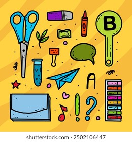 Vector illustration set school supplies to her. Back to school on a yellow background.