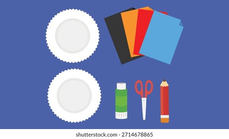 Ilustración vectorial de un conjunto de útiles escolares sobre un fondo azul.