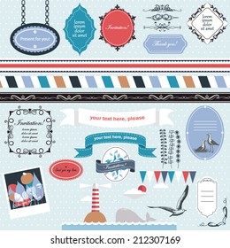 Vector illustration of a set of scrapbook, design elements - frames, calligraphic dividers, boarders - Marine theme
