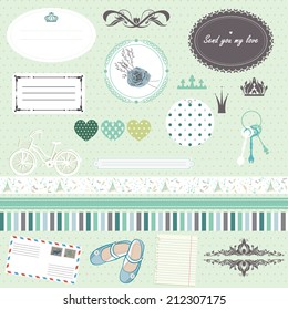 Vector illustration of a set of scrapbook, design elements - frames, calligraphic dividers, boarders - Romance theme