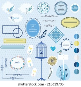 Vector illustration of a set of scrapbook, design elements - frames, calligraphic dividers, boarders in blue colors