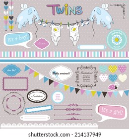 Vector illustration of a set of scrapbook, design elements - frames, calligraphic dividers, pennants