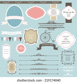 Vector illustration of a set of scrapbook, design elements - frames, calligraphic dividers, pennants