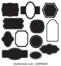 Vector illustration of a set of scrapbook design frame for Christmas and New Year holidays, birthdays and gifts - tags, labels, discount cards, in black and white 