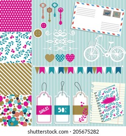 Vector illustration of a set of scrapbook paper, tags, pennants and other designs