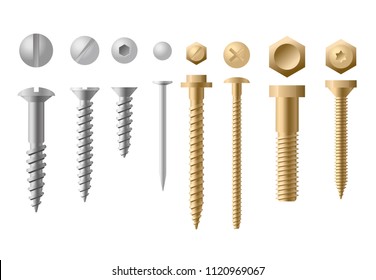 Vector illustration set of screws different types and shapes in golden and silver color on white background. Collection of Screws, Bolts, Nuts and Rivets. Top and front view.