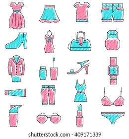 vector illustration of set of scribbled girls related icon against isolated background