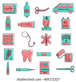 vector illustration of set of scribbled Medical icon against isolated background