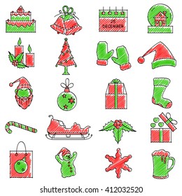 vector illustration of set of scribbled Merry Christmas icon against isolated background