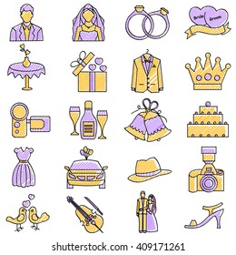 vector illustration of set of scribbled wedding icon against isolated background