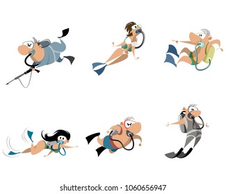 Vector illustration of set of scuba divers on white