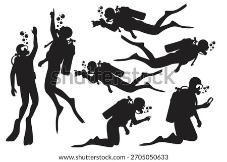 Vector illustration set of scuba divers in different underwater poses with diving equipment.