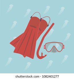 Vector illustration of a set of scuba diving red