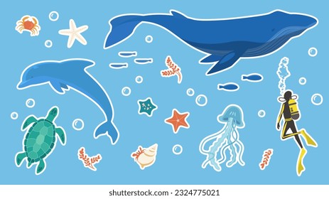 Vector illustration set of sea creatures such as dolphins and whales.