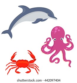 Vector illustration set of sea creatures. Dolphin, octopus and crab. Sea animals collection