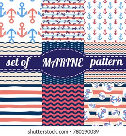 Vector illustration. Set of sea and nautical backgrounds in navy blue and white colors.