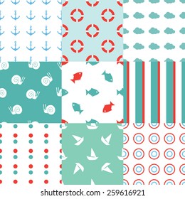 Vector illustration of a set of sea seamless textures and backgrounds. Marine theme