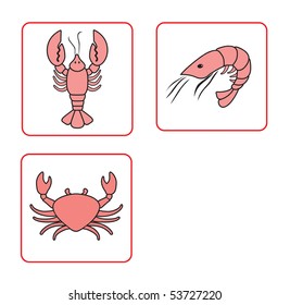 Vector illustration of the set of seafood over the white background