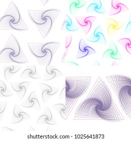 Vector illustration. Set. Seamless abstract patterns on white background. In color. Geometric pattern with triangular spirals